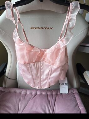 SHEIN Light Pink Satin & Sheer Ruffle Bustier